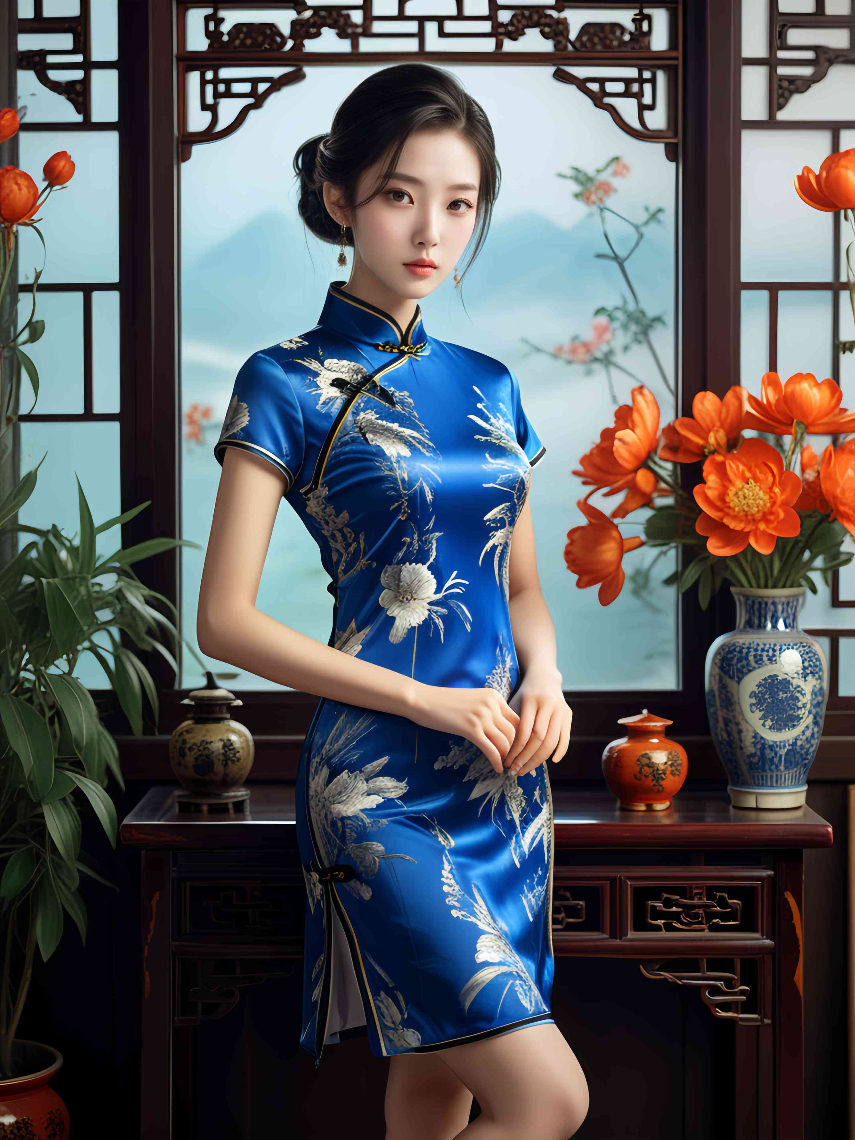 四人ai合照文案旗袍