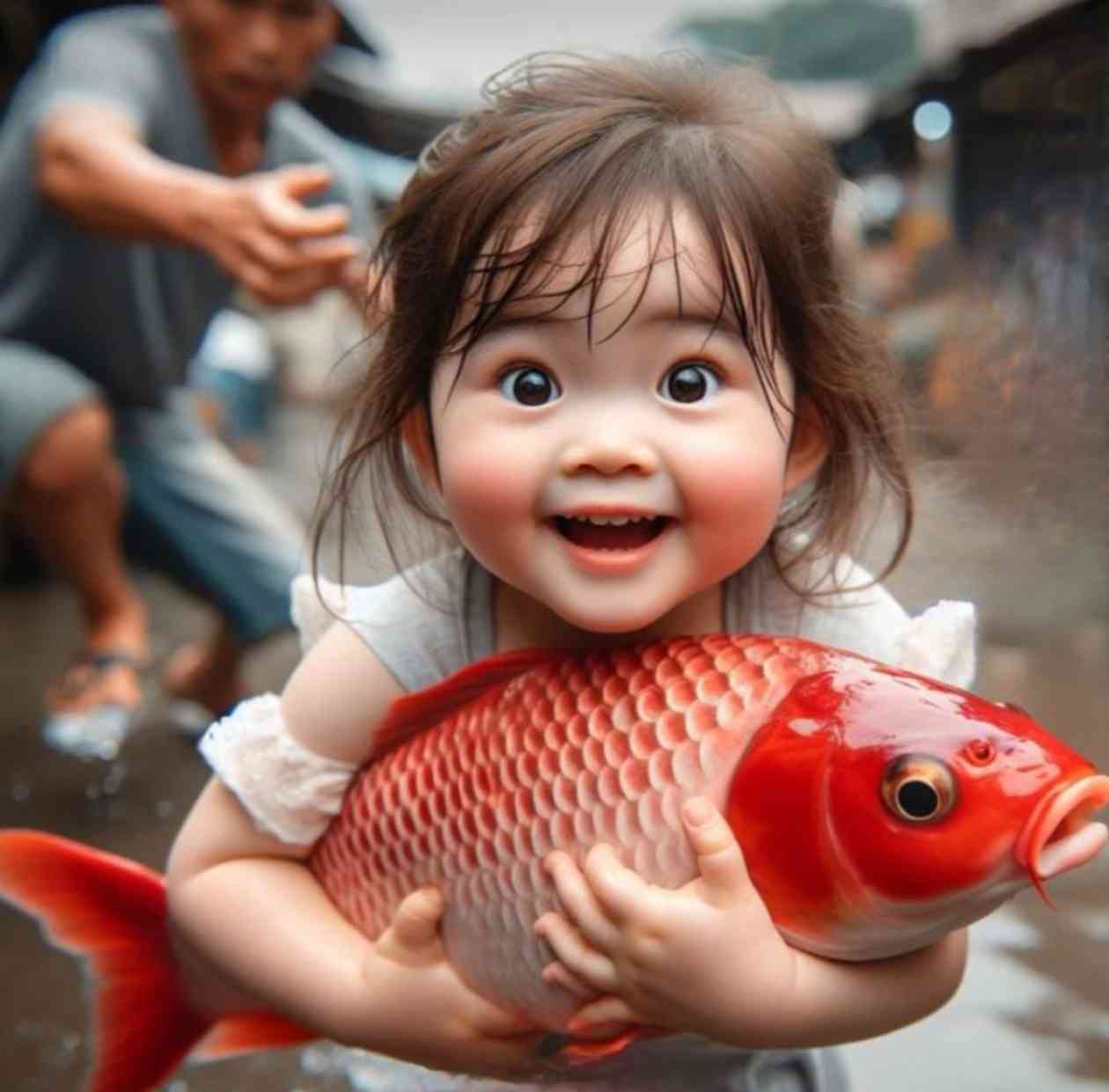 超可爱AI创作小孩抱鱼照片高清版可爱瞬间捕捉