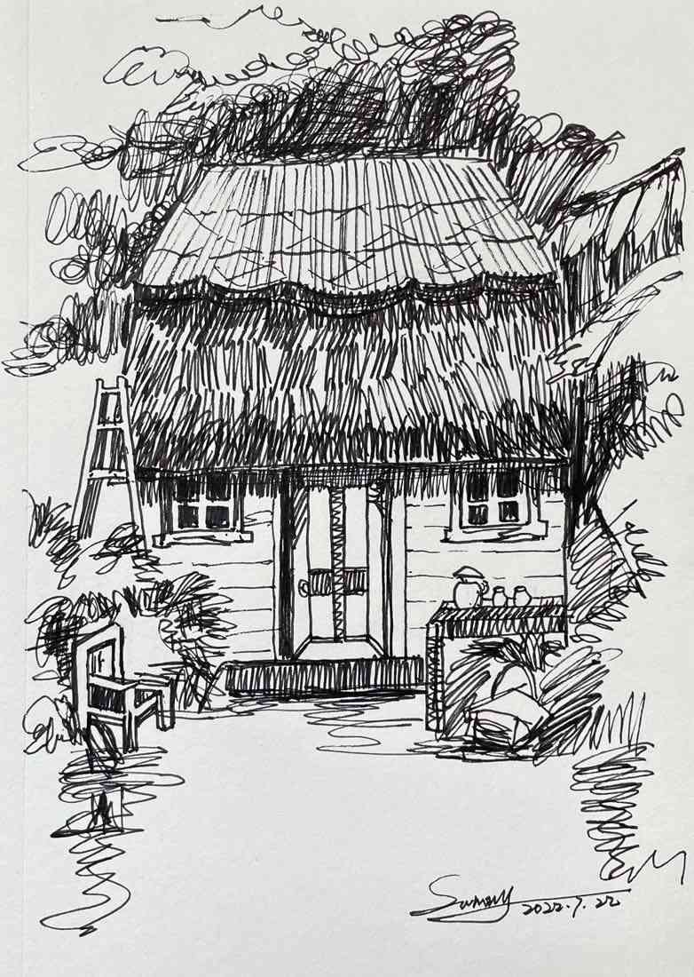 竹屋速写：涵建筑速写技巧与竹篓、竹子描绘