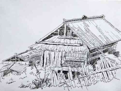 竹屋速写：涵建筑速写技巧与竹篓、竹子描绘