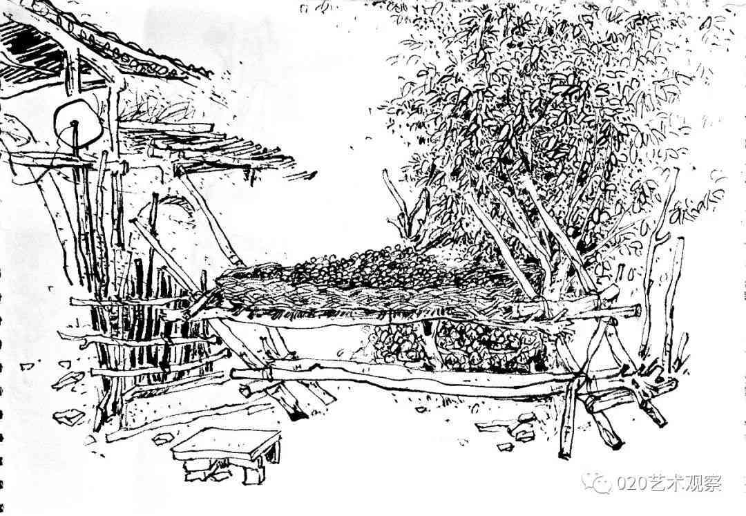 竹屋速写：涵建筑速写技巧与竹篓、竹子描绘