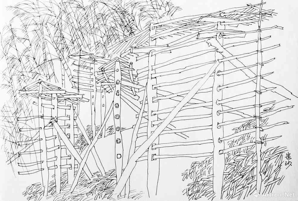 竹屋速写：涵建筑速写技巧与竹篓、竹子描绘