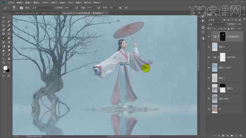 ps国风插画：绘制水中影子和白线条，上色教程及绘画方法